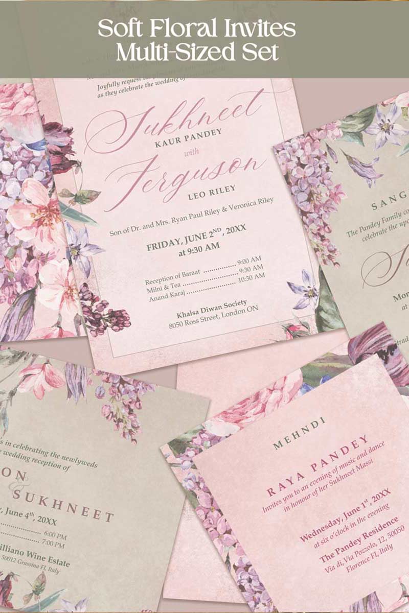 Soft Floral Wedding Invitation Set in the shades of pinks, purples, green, beige and stone grey. With a variety of florals: roses, hydrangeia, peony, lily, baby's breath. Modern floral invites. Sized at 5 inches x 7 inches with front and back design options. Rectangle, square layout options. Multple sized invites. Indian Wedding Invitation Set. Personalize and customize in Canva. Print at any local printer around the World. Florals & Birds