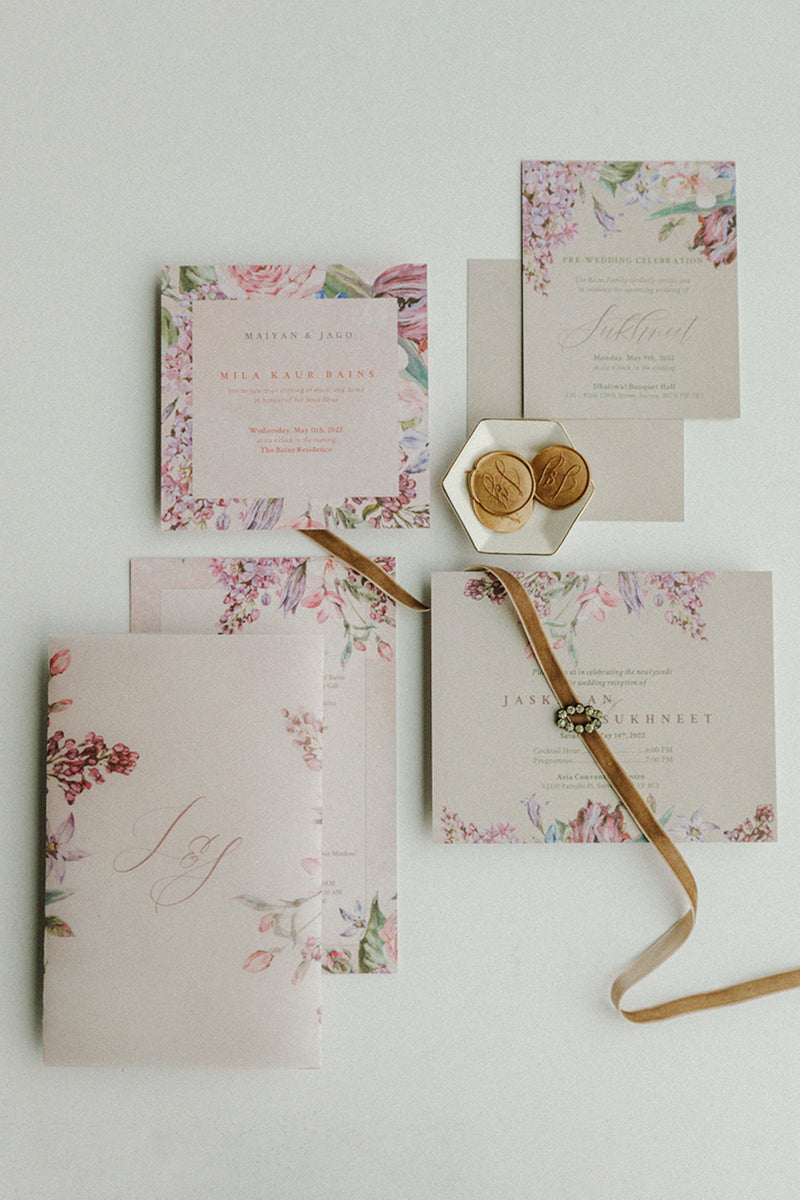 Soft Floral Wedding Invitation Set in the shades of pinks, purples, green, beige and stone grey. With a variety of florals: roses, hydrangeia, peony, lily, baby's breath. Modern floral invites. Sized at 5 inches x 7 inches with front and back design options. Rectangle, square layout options. Multple sized invites. Indian Wedding Invitation Set. Personalize and customize in Canva. Print at any local printer around the World. Florals & Birds