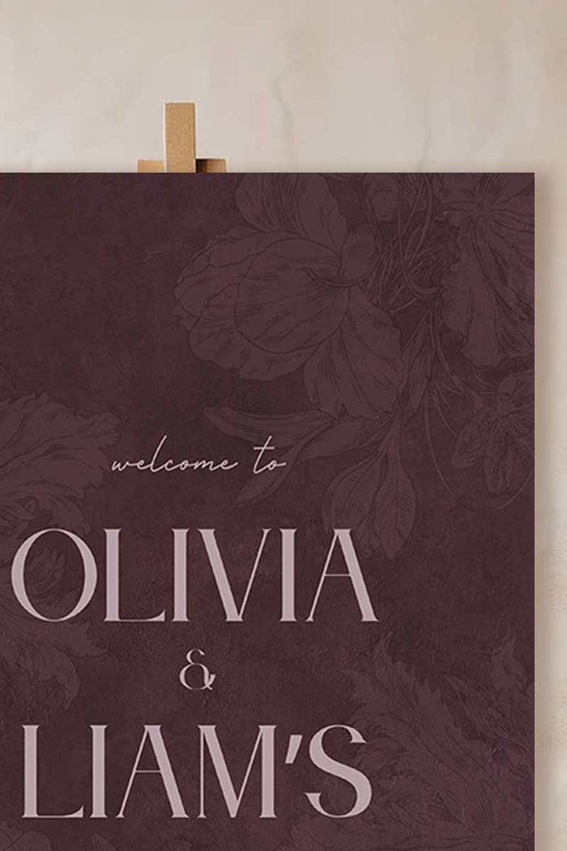 Wedding welcome sign in a minimalistic style. Event signage. In a navy blue texture wash. Stationery for various event celebrations. Wedding, engagement stationery. Personalize and customize in Canva. Print at any local printer around the World. Wine purple, mauve. Textured florals