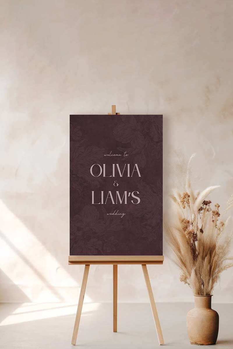 Wedding welcome sign in a minimalistic style. Event signage. In a navy blue texture wash. Stationery for various event celebrations. Wedding, engagement stationery. Personalize and customize in Canva. Print at any local printer around the World. Wine purple, mauve. Textured florals