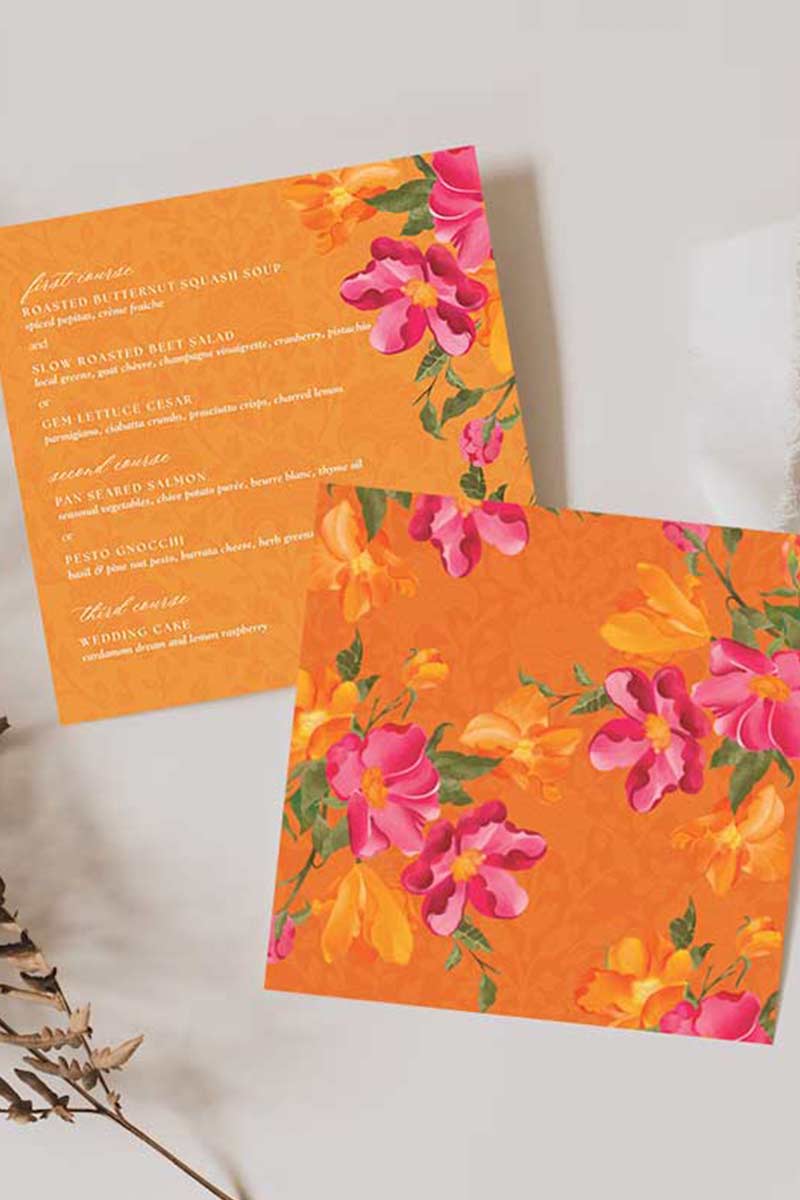 Hot Pink & Yellow Floral square menu for event celebrations. Wedding dinner menu. Soft green. Signage for various celebrations. Weddings, Engagement, Baby Shower, Birthdays, Maiyan, Jaggo, Mehndi, Sangeet. Indian Weddings and celebrations. Pre-Wedding event. Personalize and customize in Canva. Print at any local printer around the World