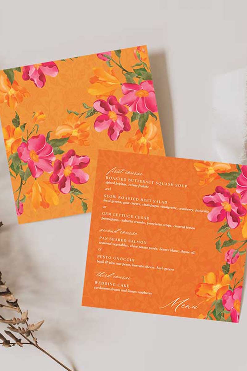 Hot Pink & Yellow Floral square menu for event celebrations. Wedding dinner menu. Soft green. Signage for various celebrations. Weddings, Engagement, Baby Shower, Birthdays, Maiyan, Jaggo, Mehndi, Sangeet. Indian Weddings and celebrations. Pre-Wedding event. Personalize and customize in Canva. Print at any local printer around the World