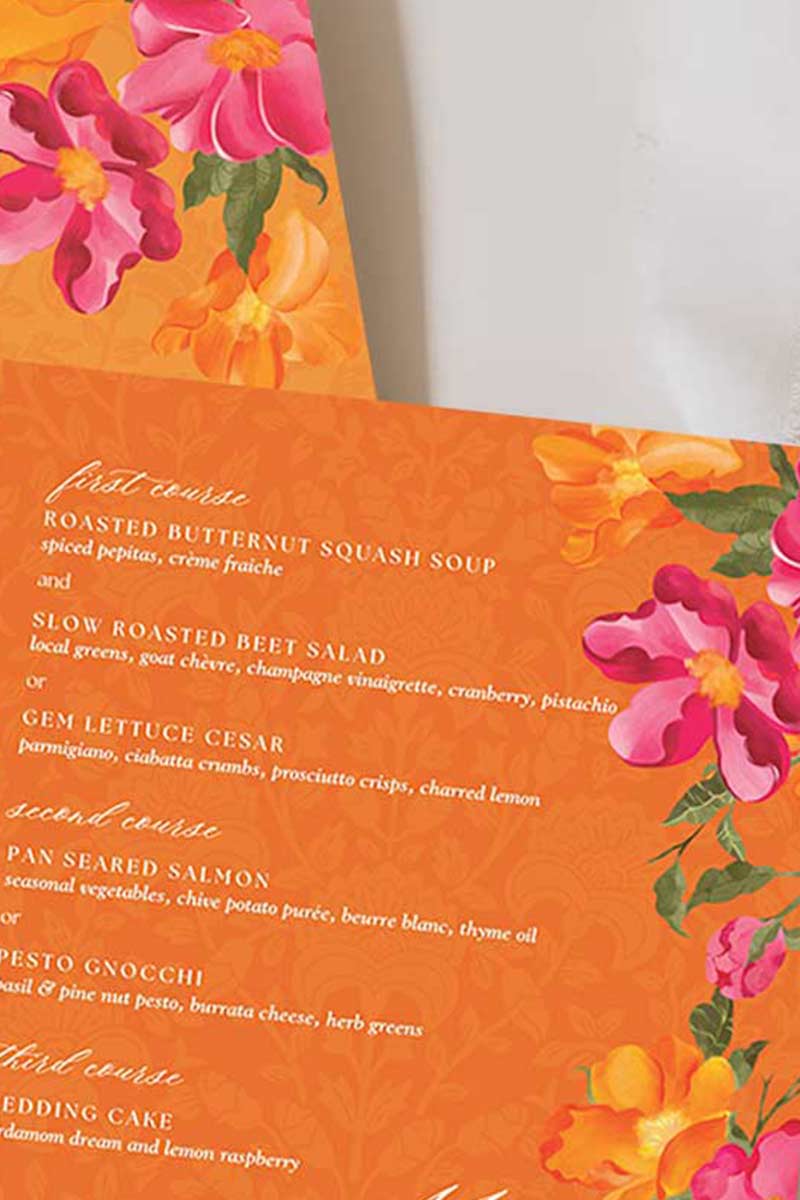 Hot Pink & Yellow Floral square menu for event celebrations. Wedding dinner menu. Soft green. Signage for various celebrations. Weddings, Engagement, Baby Shower, Birthdays, Maiyan, Jaggo, Mehndi, Sangeet. Indian Weddings and celebrations. Pre-Wedding event. Personalize and customize in Canva. Print at any local printer around the World