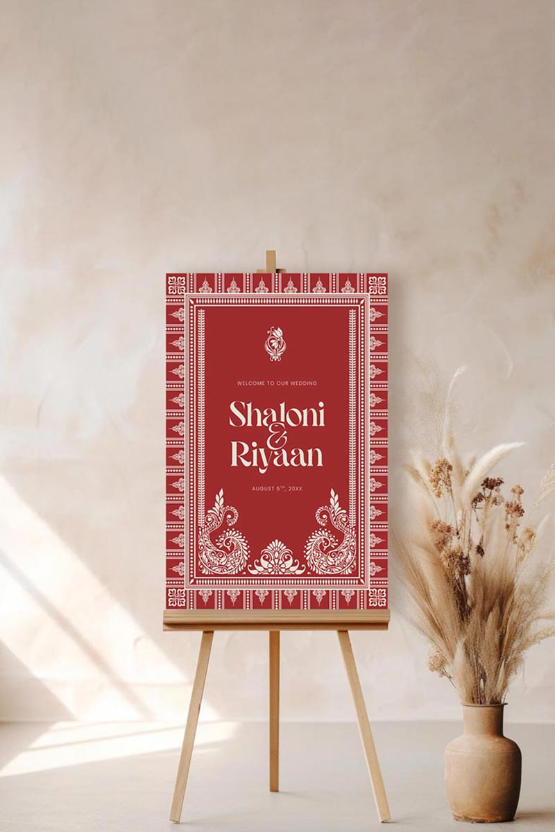 Alpona design welcome sign. Bridal shower sign. red & beige. Celebration events for engagement, birthday, baby shower or weddings. Indian wedding events like hindu ceremony, sikh wedding, tamil wedding, south indian wedding. Maiayn, Jaggo, Mehndi, Sangeet Welcome Sign. Red & White design. Wedding & event stationery. Personalize & customize in Canva. Digital Download. Print around the world at a local print shop.