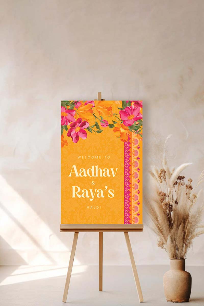 Orange, yellow & pink retro Wedding Welcome Sign with orange marigold florals. Pink roses. Tradiitonal Indian wedding sign. Indian Wedding events for Sangeet, Haldi, Maiyan or Jago. Wedding Signage. Personalize and customize in Canva. Digital Download.  Print around the world at a local print shop.