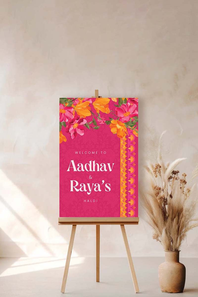 Orange, yellow & pink retro Wedding Welcome Sign with orange marigold florals. Pink roses. Tradiitonal Indian wedding sign. Indian Wedding events for Sangeet, Haldi, Maiyan or Jago. Wedding Signage. Personalize and customize in Canva. Digital Download.  Print around the world at a local print shop.