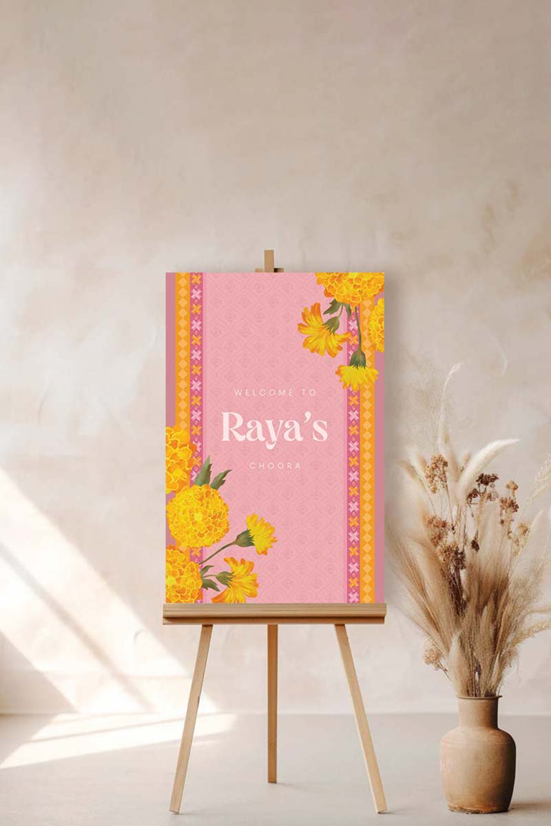 Orange, yellow & soft pink retro Wedding Welcome Sign with orange & yellow marigold florals. Pink roses. Tradiitonal Indian wedding sign. Indian Wedding events for Sangeet, Haldi, Maiyan or Jago. Wedding Signage. Personalize and customize in Canva. Digital Download.  Print around the world at a local print shop.