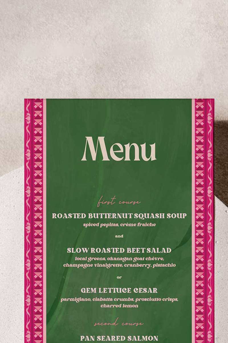 Green &, shades of pink tropical jungle & floral wedding menu with florals. Pink, red & orange roses. Tradiitonal Indian wedding sign. Indian Wedding events for Sangeet, Haldi, Maiyan or Jago. Wedding Signage. Personalize and customize in Canva. Digital Download.  5" x 7". Print around the world at a local print shop.