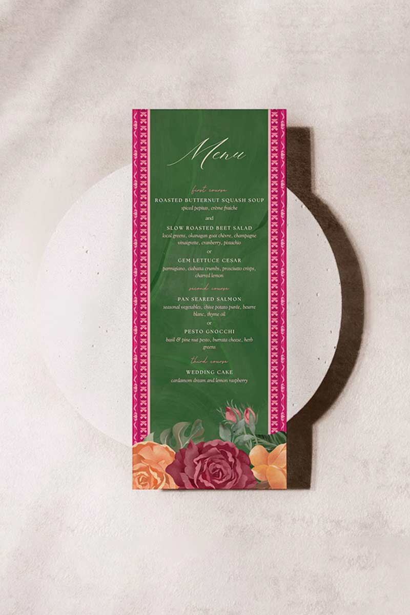 Green &, shades of pink tropical jungle & floral wedding menu with florals. Pink, red & orange roses. Tradiitonal Indian wedding sign. Indian Wedding events for Sangeet, Haldi, Maiyan or Jago. Wedding Signage. Personalize and customize in Canva. Digital Download.  5" x 7". Print around the world at a local print shop.
