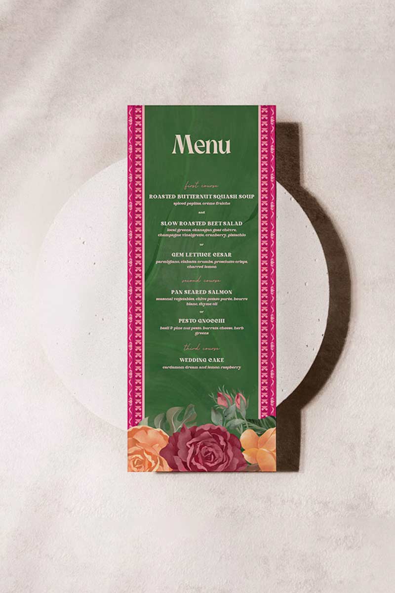 Green &, shades of pink tropical jungle & floral wedding menu with florals. Pink, red & orange roses. Tradiitonal Indian wedding sign. Indian Wedding events for Sangeet, Haldi, Maiyan or Jago. Wedding Signage. Personalize and customize in Canva. Digital Download.  5" x 7". Print around the world at a local print shop.
