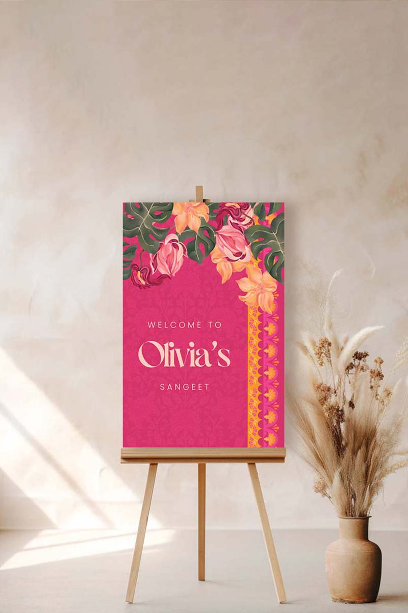 Orange, yellow & pink tropical floral Wedding Welcome Sign with orange marigold florals. Pink roses. Traditional Indian wedding sign. Indian Wedding events for Sangeet, Haldi, Maiyan or Jago. Wedding Signage. Personalize and customize in Canva. Digital Download.  Print around the world at a local print shop.