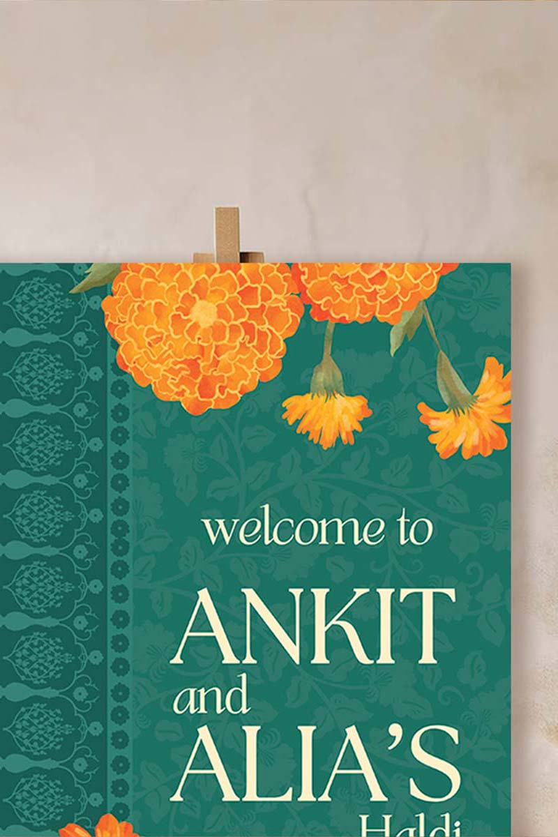 Orange Retro Wedding Welcome Sign with orange marigold florals. Indian Wedding events for Sangeet, Haldi, Maiyan or Jago. Wedding Signage. Personalize and customize in Canva. Digital Download.  Print around the world at a local print shop.