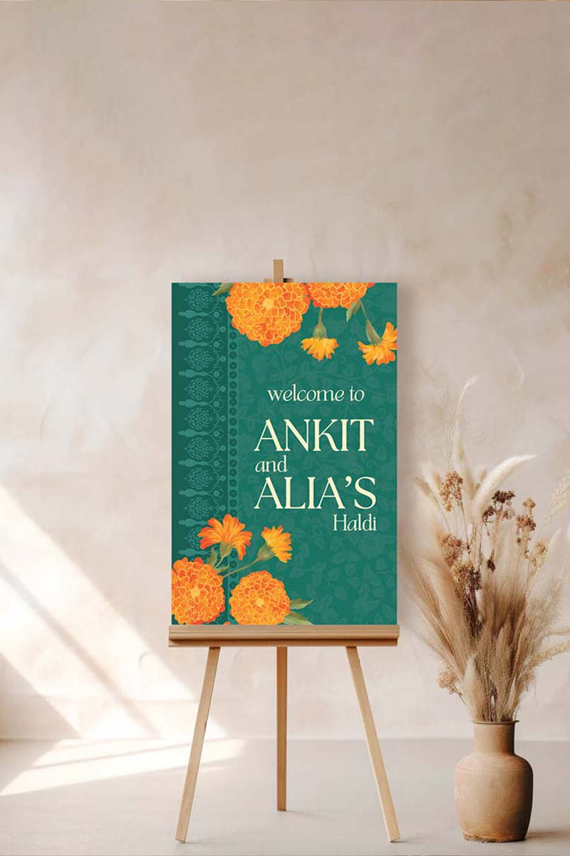 Orange Retro Wedding Welcome Sign with orange marigold florals. Indian Wedding events for Sangeet, Haldi, Maiyan or Jago. Wedding Signage. Personalize and customize in Canva. Digital Download.  Print around the world at a local print shop.