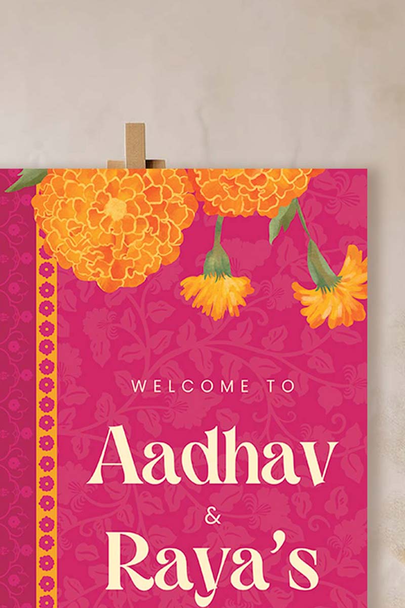 Orange Retro Wedding Welcome Sign with orange marigold florals. Indian Wedding events for Sangeet, Haldi, Maiyan or Jago. Wedding Signage. Personalize and customize in Canva. Digital Download.  Print around the world at a local print shop.