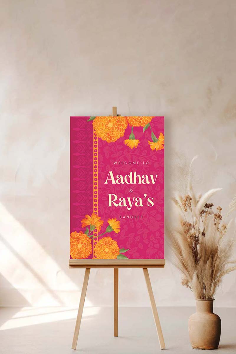 Orange Retro Wedding Welcome Sign with orange marigold florals. Indian Wedding events for Sangeet, Haldi, Maiyan or Jago. Wedding Signage. Personalize and customize in Canva. Digital Download.  Print around the world at a local print shop.