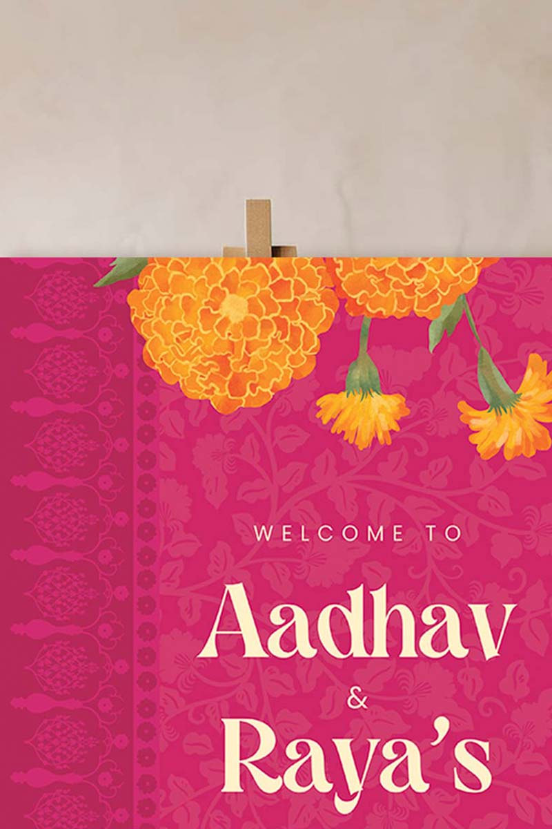 Orange Retro Wedding Welcome Sign with orange marigold florals. Indian Wedding events for Sangeet, Haldi, Maiyan or Jago. Wedding Signage. Personalize and customize in Canva. Digital Download.  Print around the world at a local print shop.