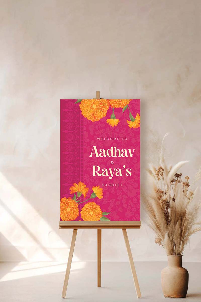 Orange Retro Wedding Welcome Sign with orange marigold florals. Indian Wedding events for Sangeet, Haldi, Maiyan or Jago. Wedding Signage. Personalize and customize in Canva. Digital Download.  Print around the world at a local print shop.