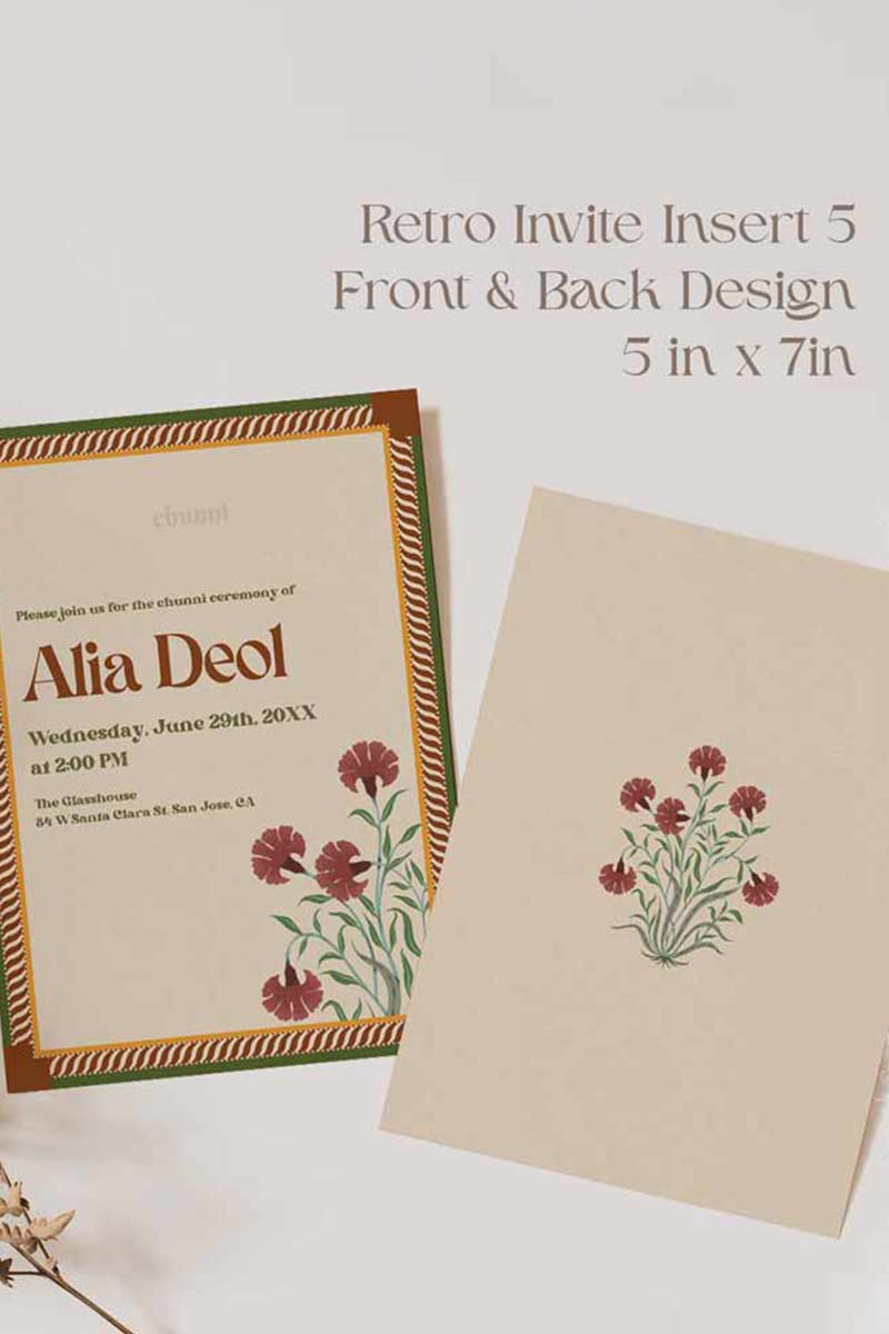 Retro Wedding Invitation Set in the shades of mehndi green, mustard yellow, burnt orange, terracotta, burgundy, yellow, beige. With orange marigold floral. Jaipur block print artwork. It has line drawn florals and birds. Sized at 5 inches x 7 inches with front and back design options. Indian Wedding Invitation Set. Tamil wedding inviteset, sikh wedding invite set, punjabi wedding invite set. Personalize and customize in Canva. Print at any local printer around the World. Florals & Birds