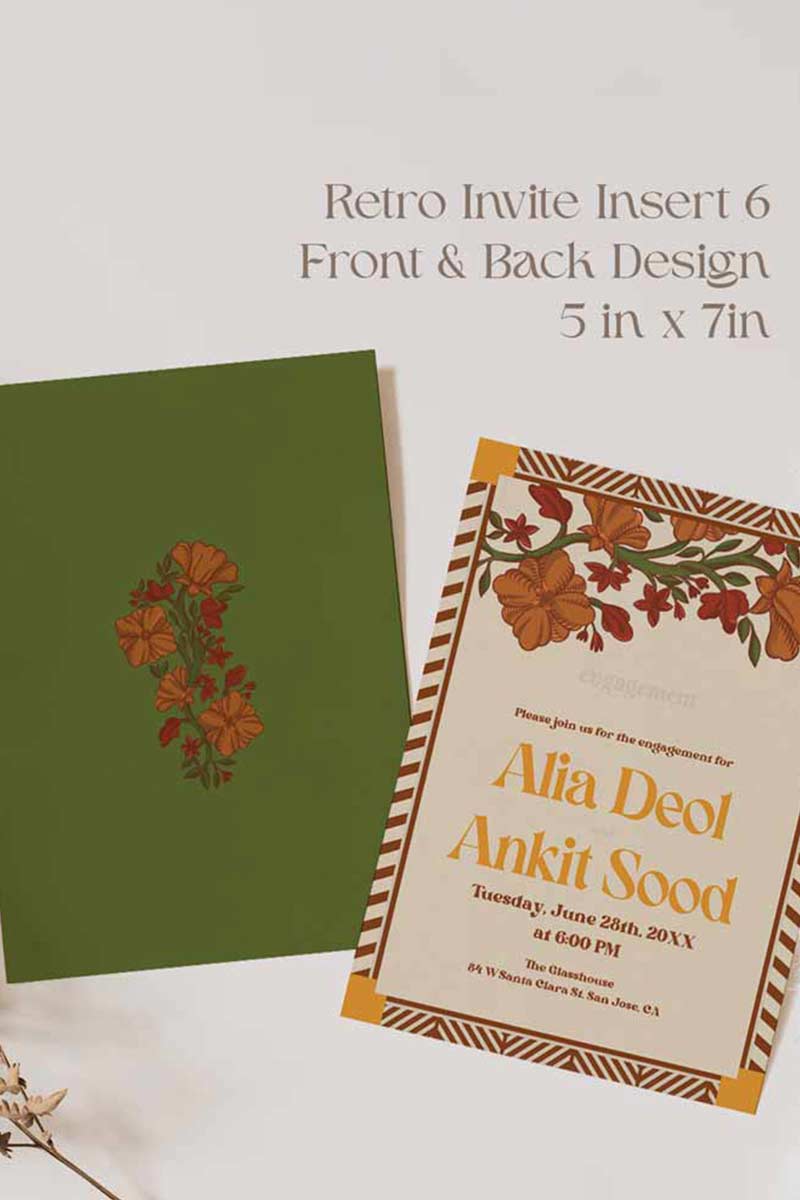 Retro Wedding Invitation Set in the shades of mehndi green, mustard yellow, burnt orange, terracotta, burgundy, yellow, beige. With orange marigold floral. Jaipur block print artwork. It has line drawn florals and birds. Sized at 5 inches x 7 inches with front and back design options. Indian Wedding Invitation Set. Tamil wedding inviteset, sikh wedding invite set, punjabi wedding invite set. Personalize and customize in Canva. Print at any local printer around the World. Florals & Birds