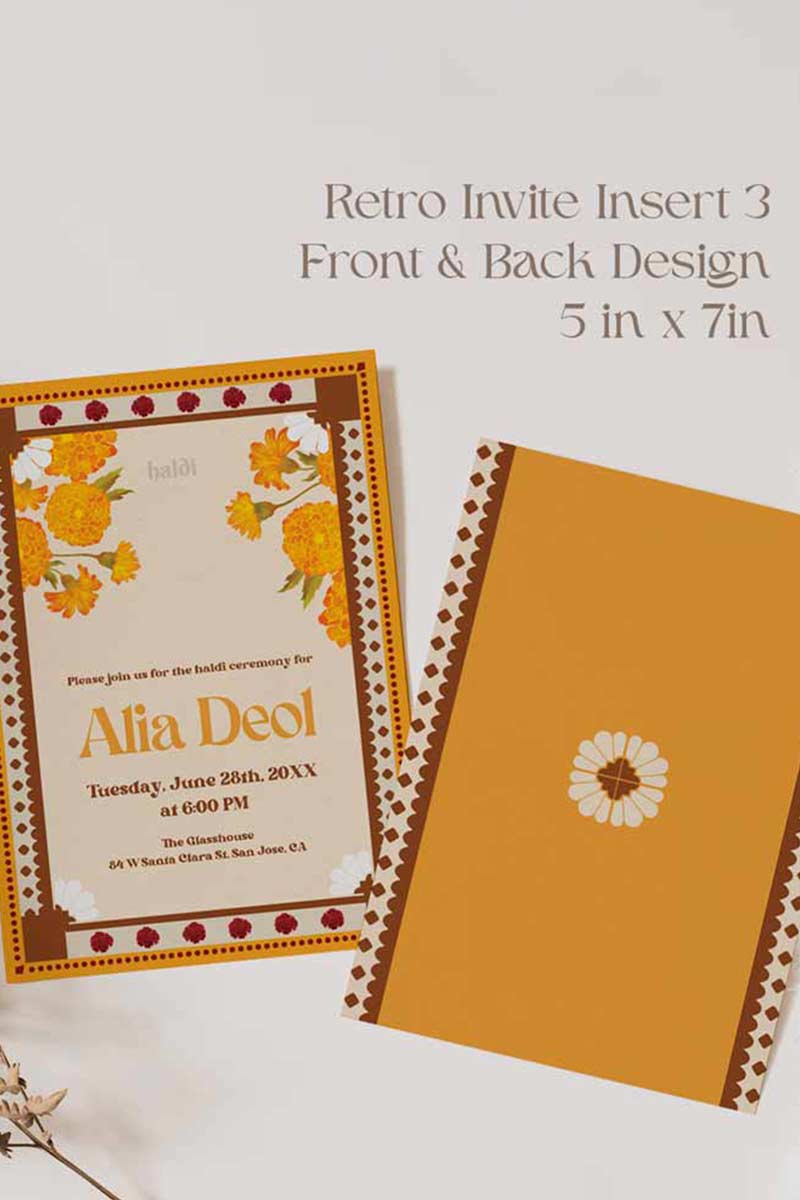 Retro Wedding Invitation Set in the shades of mehndi green, mustard yellow, burnt orange, terracotta, burgundy, yellow, beige. With orange marigold floral. Jaipur block print artwork. It has line drawn florals and birds. Sized at 5 inches x 7 inches with front and back design options. Indian Wedding Invitation Set. Tamil wedding inviteset, sikh wedding invite set, punjabi wedding invite set. Personalize and customize in Canva. Print at any local printer around the World. Florals & Birds