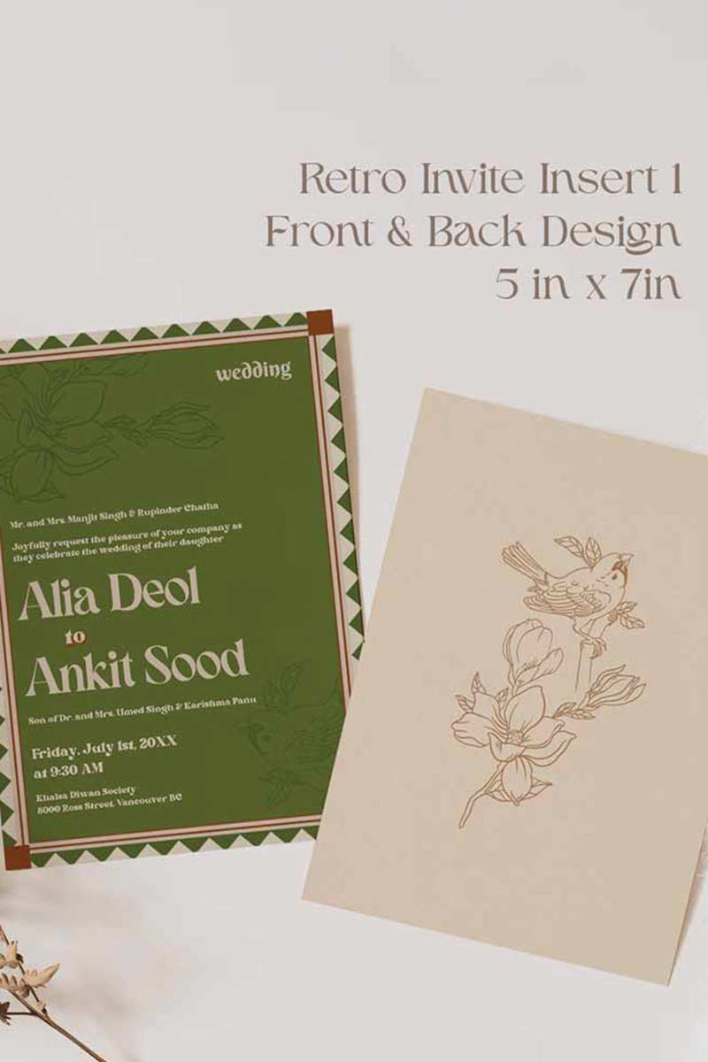 Retro Wedding Invitation Set in the shades of mehndi green, mustard yellow, burnt orange, terracotta, burgundy, yellow, beige. With orange marigold floral. Jaipur block print artwork. It has line drawn florals and birds. Sized at 5 inches x 7 inches with front and back design options. Indian Wedding Invitation Set. Tamil wedding inviteset, sikh wedding invite set, punjabi wedding invite set. Personalize and customize in Canva. Print at any local printer around the World. Florals & Birds