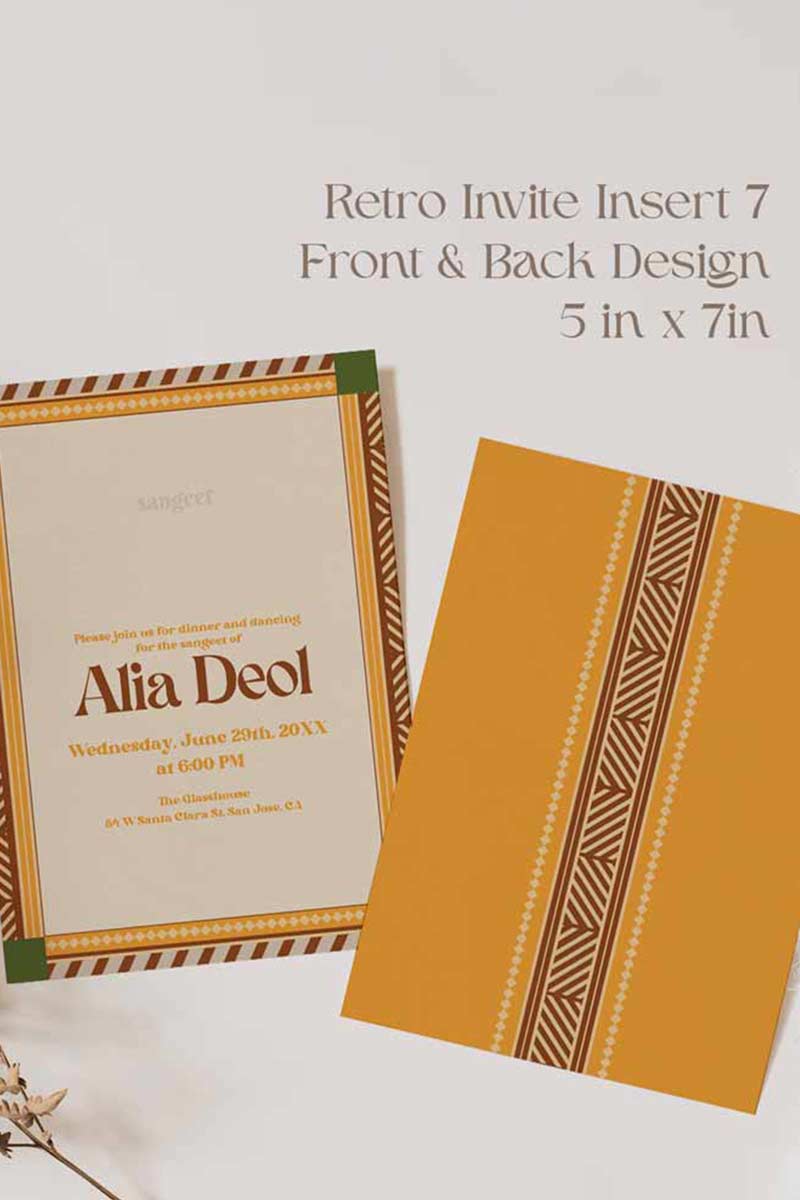 Retro Wedding Invitation Set in the shades of mehndi green, mustard yellow, burnt orange, terracotta, burgundy, yellow, beige. With orange marigold floral. Jaipur block print artwork. It has line drawn florals and birds. Sized at 5 inches x 7 inches with front and back design options. Indian Wedding Invitation Set. Tamil wedding inviteset, sikh wedding invite set, punjabi wedding invite set. Personalize and customize in Canva. Print at any local printer around the World. Florals & Birds