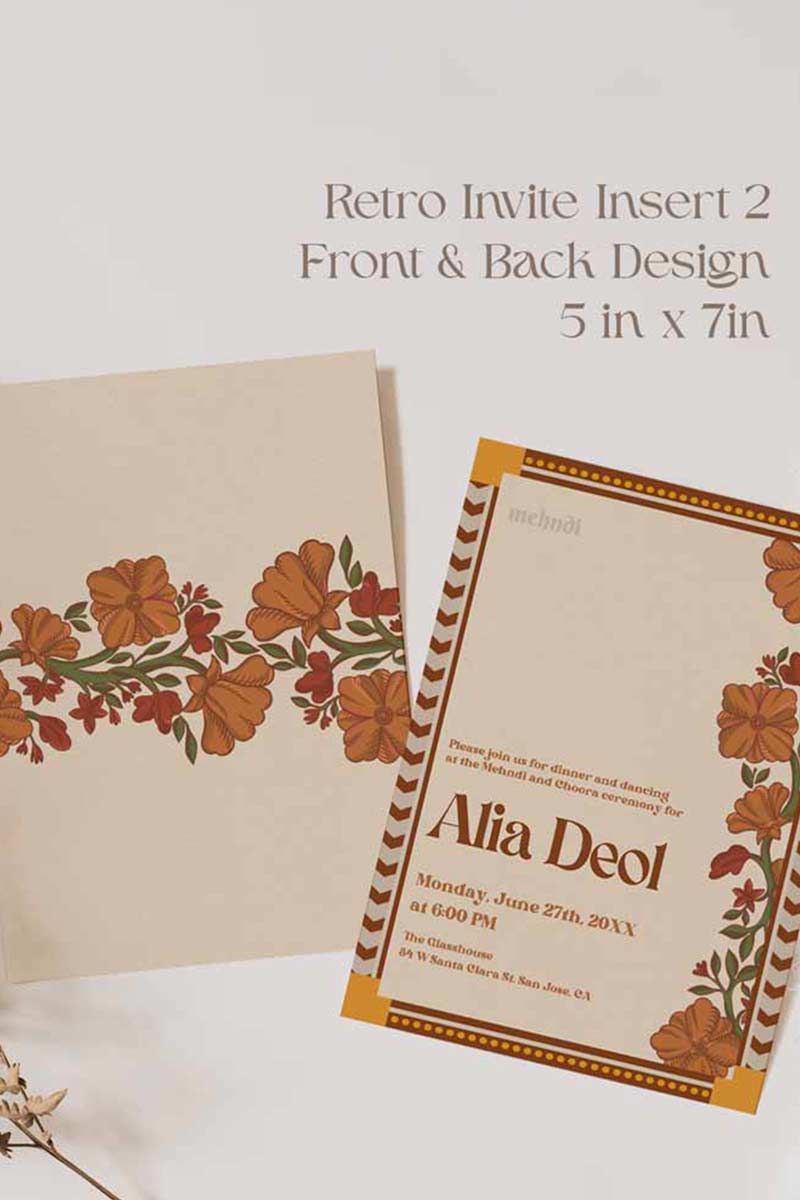 Retro Wedding Invitation Set in the shades of mehndi green, mustard yellow, burnt orange, terracotta, burgundy, yellow, beige. With orange marigold floral. Jaipur block print artwork. It has line drawn florals and birds. Sized at 5 inches x 7 inches with front and back design options. Indian Wedding Invitation Set. Tamil wedding inviteset, sikh wedding invite set, punjabi wedding invite set. Personalize and customize in Canva. Print at any local printer around the World. Florals & Birds