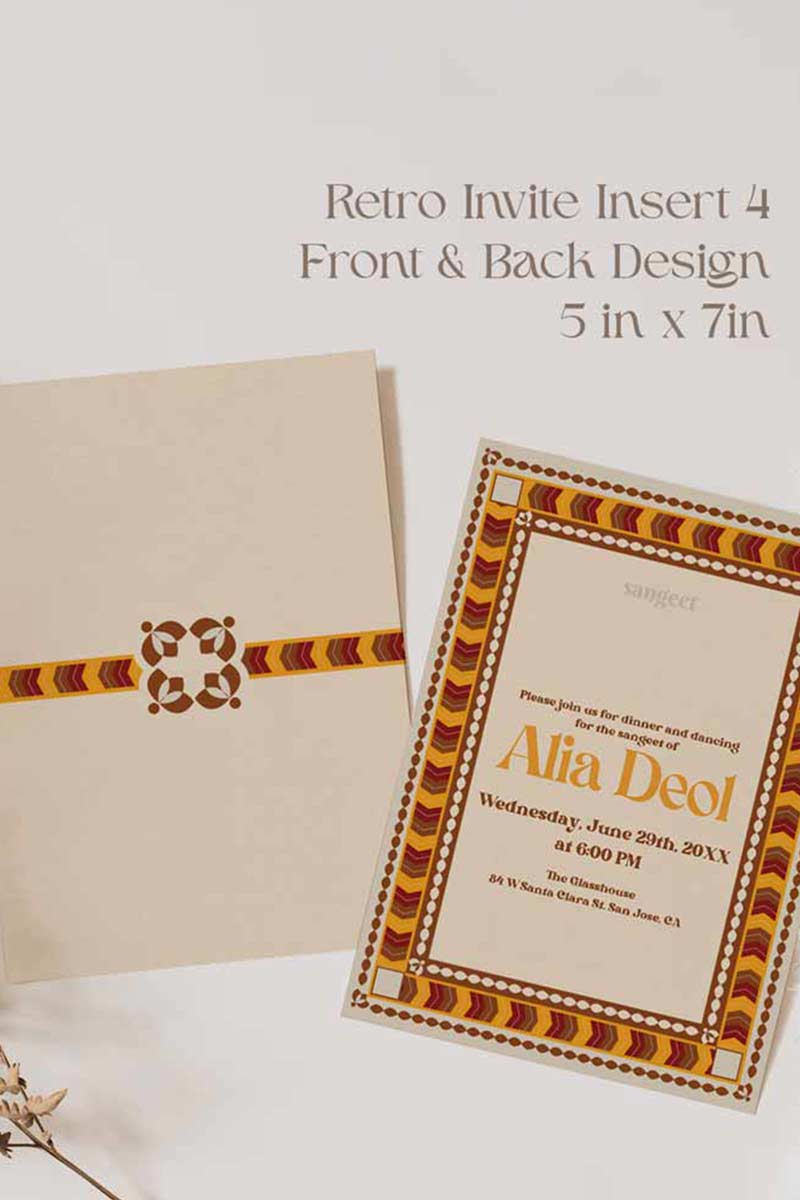 Retro Wedding Invitation Set in the shades of mehndi green, mustard yellow, burnt orange, terracotta, burgundy, yellow, beige. With orange marigold floral. Jaipur block print artwork. It has line drawn florals and birds. Sized at 5 inches x 7 inches with front and back design options. Indian Wedding Invitation Set. Tamil wedding inviteset, sikh wedding invite set, punjabi wedding invite set. Personalize and customize in Canva. Print at any local printer around the World. Florals & Birds