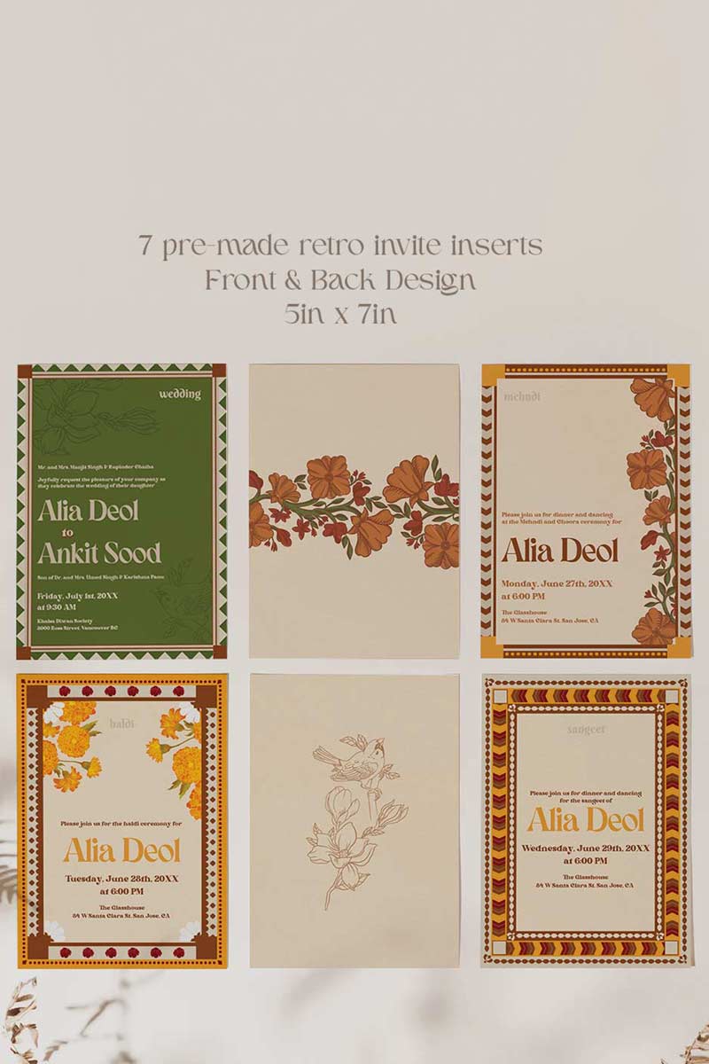 Retro Wedding Invitation Set in the shades of mehndi green, mustard yellow, burnt orange, terracotta, burgundy, yellow, beige. With orange marigold floral. Jaipur block print artwork. It has line drawn florals and birds. Sized at 5 inches x 7 inches with front and back design options. Indian Wedding Invitation Set. Tamil wedding inviteset, sikh wedding invite set, punjabi wedding invite set. Personalize and customize in Canva. Print at any local printer around the World. Florals & Birds