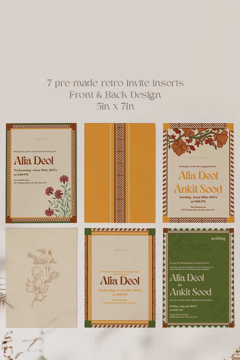Retro Wedding Invitation Set in the shades of mehndi green, mustard yellow, burnt orange, terracotta, burgundy, yellow, beige. With orange marigold floral. Jaipur block print artwork. It has line drawn florals and birds. Sized at 5 inches x 7 inches with front and back design options. Indian Wedding Invitation Set. Tamil wedding inviteset, sikh wedding invite set, punjabi wedding invite set. Personalize and customize in Canva. Print at any local printer around the World. Florals & Birds