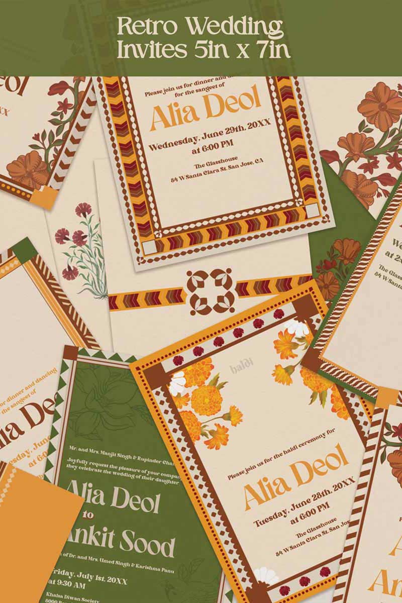 Retro Wedding Invitation Set in the shades of mehndi green, mustard yellow, burnt orange, terracotta, burgundy, yellow, beige. With orange marigold floral. Jaipur block print artwork. It has line drawn florals and birds. Sized at 5 inches x 7 inches with front and back design options. Indian Wedding Invitation Set. Tamil wedding inviteset, sikh wedding invite set, punjabi wedding invite set. Personalize and customize in Canva. Print at any local printer around the World. Florals & Birds