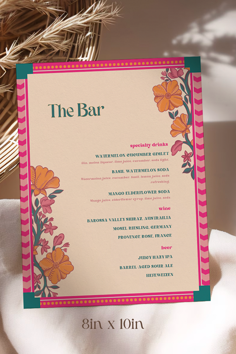 Retro Wedding Bar Menu with pink, teal, & orange marigold florals. Indian Wedding events for Sangeet, Haldi, Maiyan or Jago. Wedding Signage. Wedding signature drink editable menu. Canva template. The bar or drinks sign. Drink menu. 8" x 10" menu design. Personalize and customize in Canva. Digital Download.  Print around the world at a local print shop.