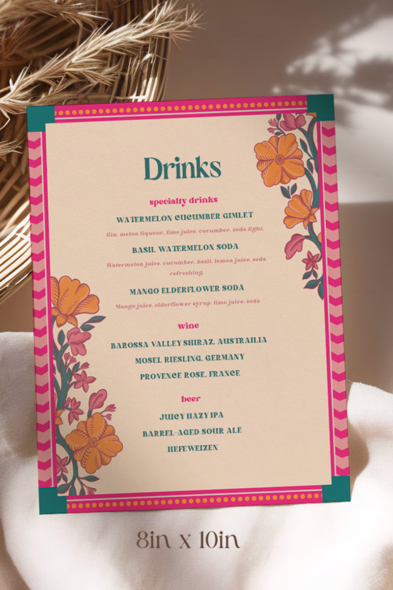 Retro Wedding Bar Menu with pink, teal, & orange marigold florals. Indian Wedding events for Sangeet, Haldi, Maiyan or Jago. Wedding Signage. Wedding signature drink editable menu. Canva template. The bar or drinks sign. Drink menu. 8" x 10" menu design. Personalize and customize in Canva. Digital Download.  Print around the world at a local print shop.