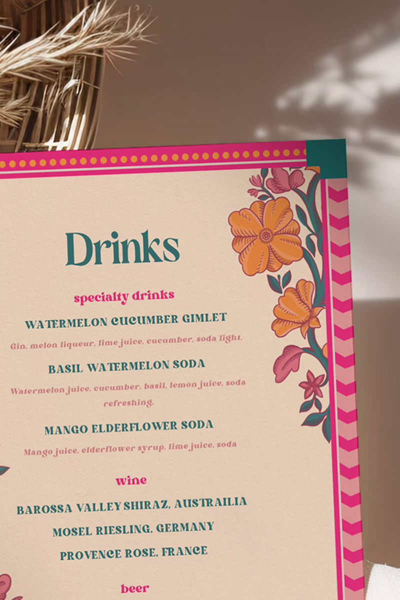 Retro Wedding Bar Menu with pink, teal, & orange marigold florals. Indian Wedding events for Sangeet, Haldi, Maiyan or Jago. Wedding Signage. Wedding signature drink editable menu. Canva template. The bar or drinks sign. Drink menu. 8" x 10" menu design. Personalize and customize in Canva. Digital Download.  Print around the world at a local print shop.