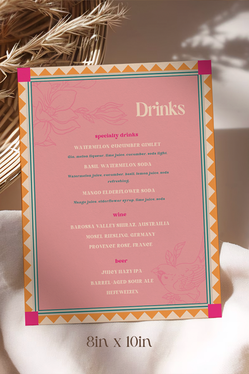 Retro Wedding Bar Menu with pink, teal, & orange marigold florals & bird. Indian Wedding events for Sangeet, Haldi, Maiyan or Jago. Wedding Signage. Wedding signature drink editable menu. Canva template. The bar or drinks sign. Drink menu. 8" x 10" menu design. Personalize and customize in Canva. Digital Download.  Print around the world at a local print shop.