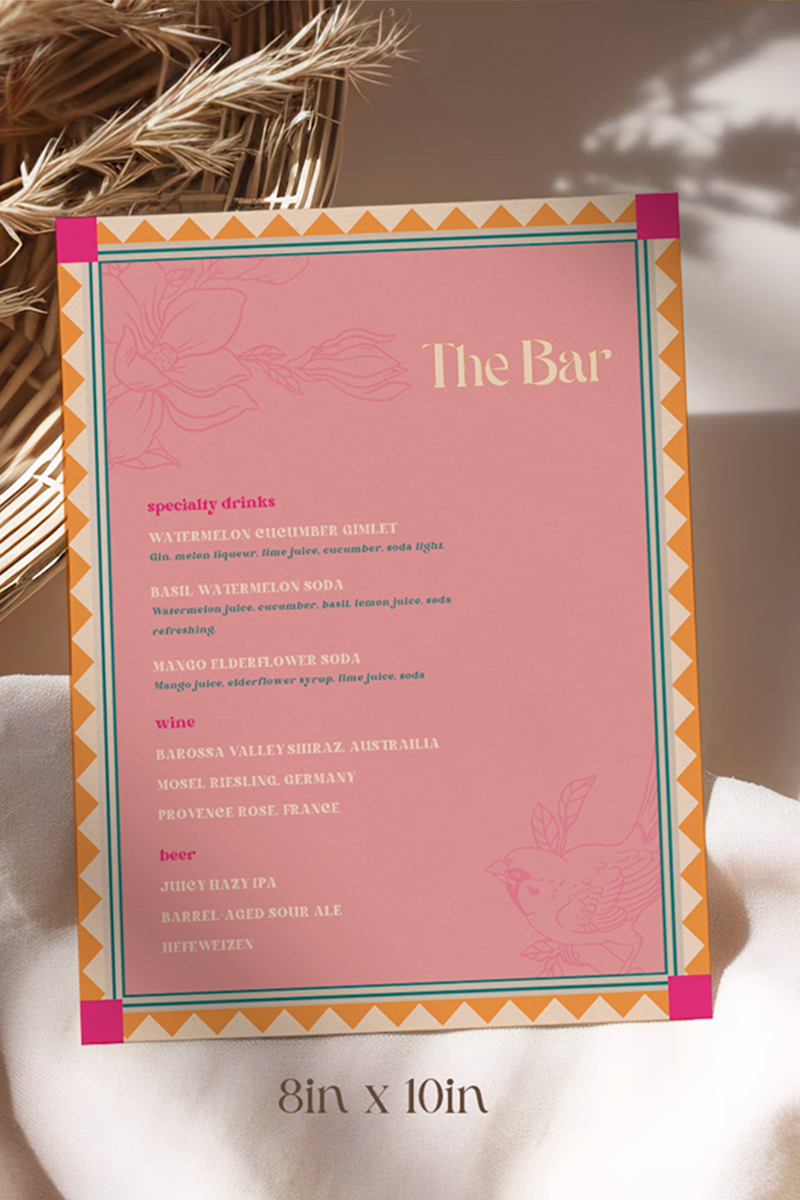 Retro Wedding Bar Menu with pink, teal, & orange marigold florals & bird. Indian Wedding events for Sangeet, Haldi, Maiyan or Jago. Wedding Signage. Wedding signature drink editable menu. Canva template. The bar or drinks sign. Drink menu. 8" x 10" menu design. Personalize and customize in Canva. Digital Download.  Print around the world at a local print shop.