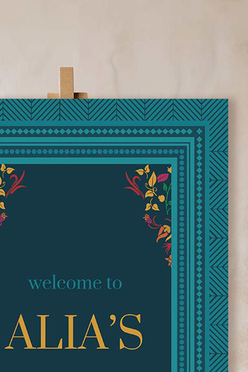 Chevron Floral Welcome Sign with shades of teal, blue, pink, red, yellow & orange. Wedding Signage. Engagement signage, Bridal Shower signage. Baby Shower Signage. Personalize and customize in Canva. Digital Download. Print anywhere in the World at a local printer