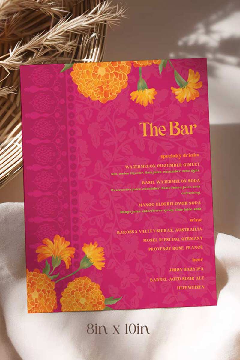Retro Wedding Bar Menu with pink, yellow & orange marigold florals. Indian Wedding events for Sangeet, Haldi, Maiyan or Jago. Wedding Signage. Wedding signature drink editable menu. Canva template. The bar or drinks sign. Drink menu. 8" x 10" menu design. Personalize and customize in Canva. Digital Download.  Print around the world at a local print shop.