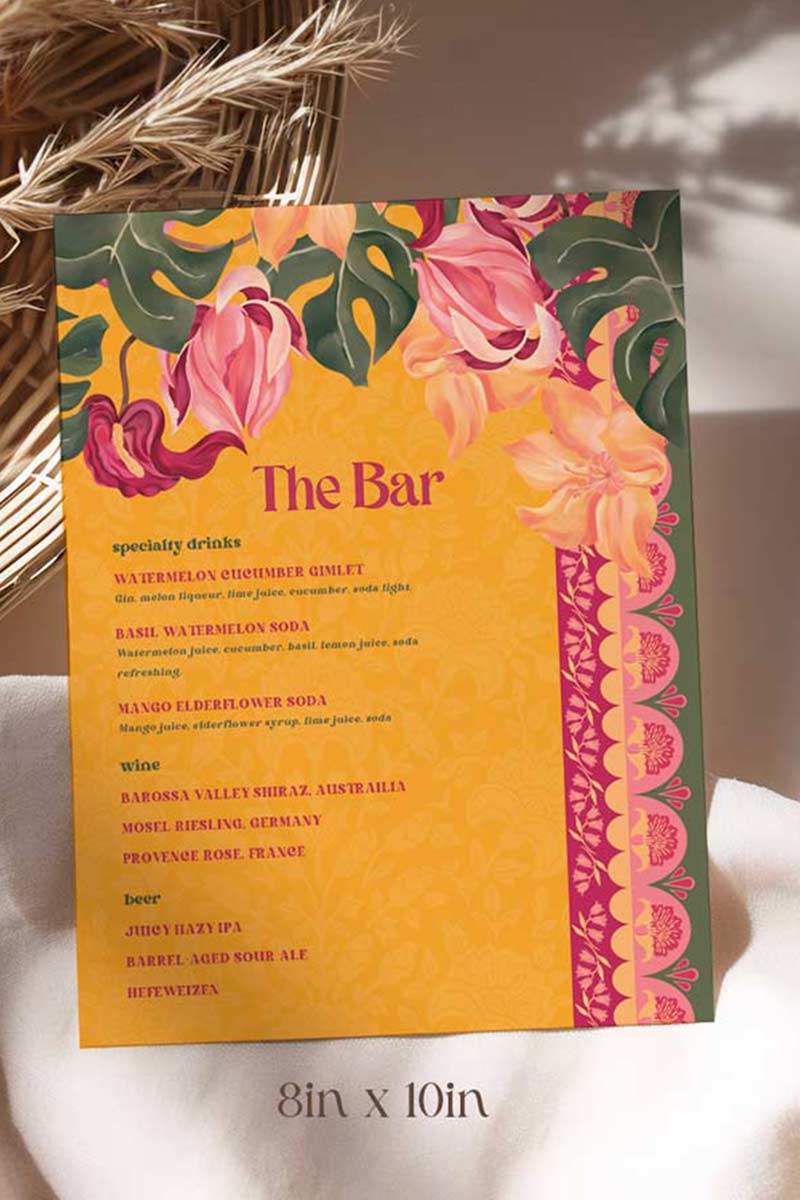 Orange, yellow & pink tropical floral Wedding Bar Sign with orange marigold florals. Pink roses. Traditional Indian wedding sign. Indian Wedding events for Sangeet, Haldi, Maiyan or Jago. Wedding Signage. Personalize and customize in Canva. Digital Download.  Print around the world at a local print shop. The bar or drinks sign. Drink menu. 8" x 10" menu design.