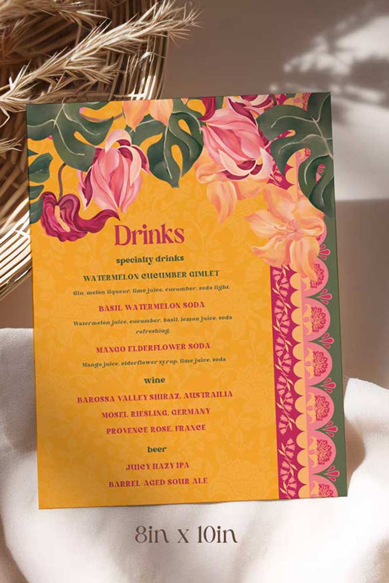 Orange, yellow & pink tropical floral Wedding Bar Sign with orange marigold florals. Pink roses. Traditional Indian wedding sign. Indian Wedding events for Sangeet, Haldi, Maiyan or Jago. Wedding Signage. Personalize and customize in Canva. Digital Download.  Print around the world at a local print shop. The bar or drinks sign. Drink menu. 8" x 10" menu design.