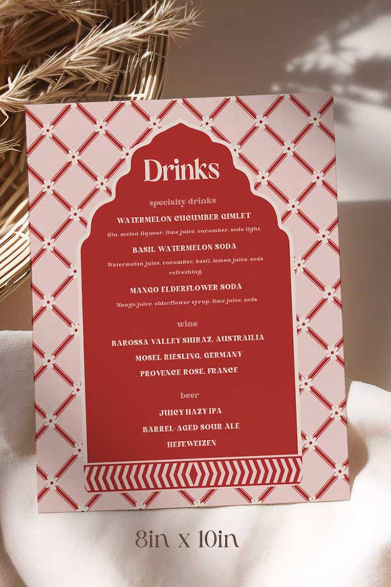 Jaipur floral block print bar sign with arched stripes and chevron pattern in the shades of red, pink, and beige. Indian Wedding Events like jago, sangeet, mehndi, haldi, chunni & maiyan. Inspired by Villa Palladio Jaipur. Palace Arches. Traditional and modern indian design. Personalize and customize in Canva. Print at any local printer around the World.