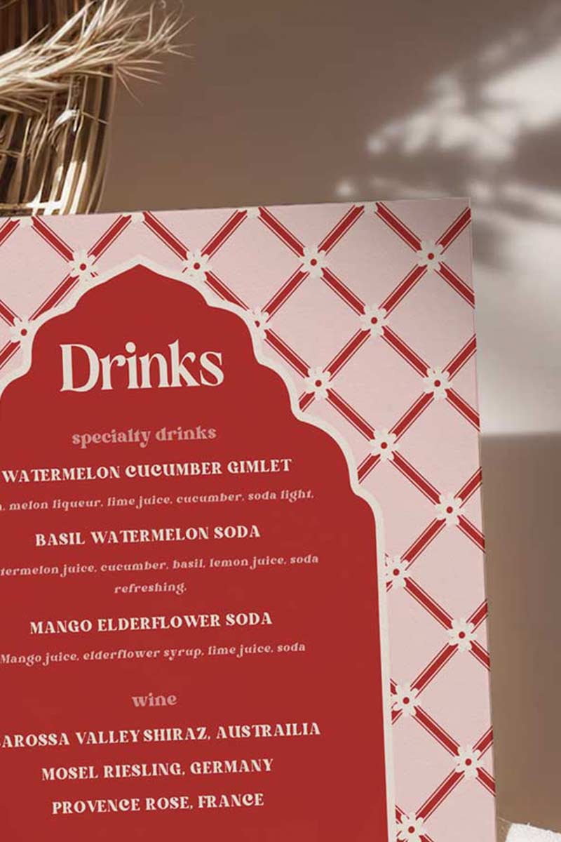 Jaipur floral block print bar sign with arched stripes and chevron pattern in the shades of red, pink, and beige. Indian Wedding Events like jago, sangeet, mehndi, haldi, chunni & maiyan. Inspired by Villa Palladio Jaipur. Palace Arches. Traditional and modern indian design. Personalize and customize in Canva. Print at any local printer around the World.