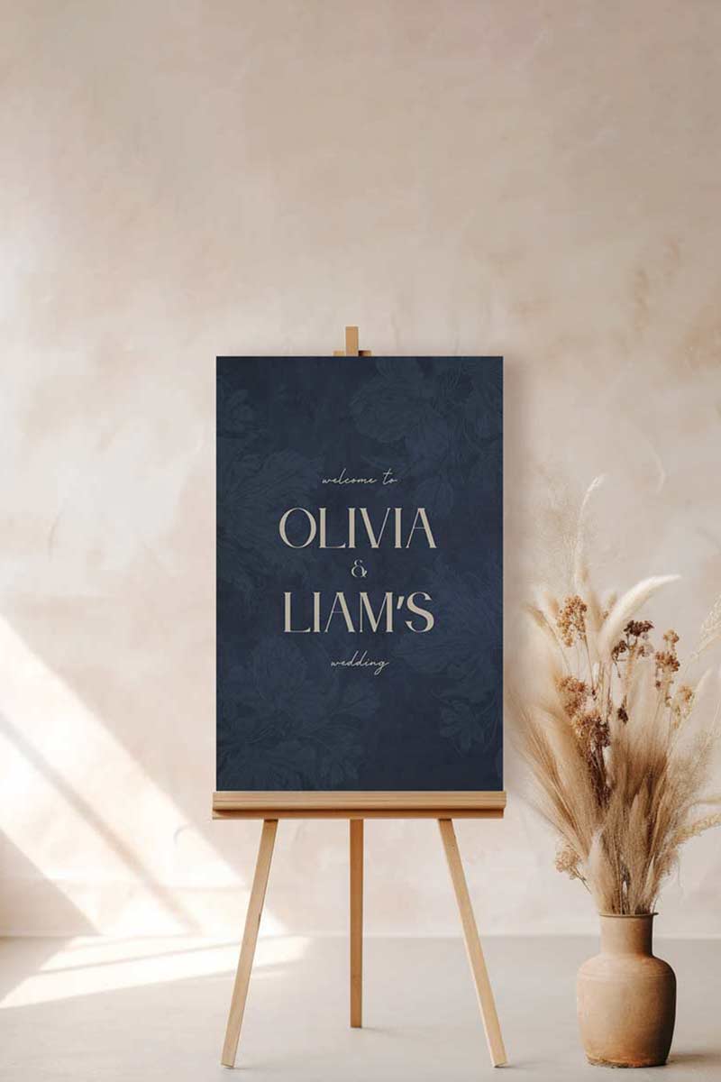 Wedding welcome sign in a minimalistic style. Event signage. In a navy blue texture wash. Stationery for various event celebrations. Wedding, engagement stationery. Personalize and customize in Canva. Print at any local printer around the World. rust red, copper red, berry red, cranberry red. Textured florals. Velvet texture
