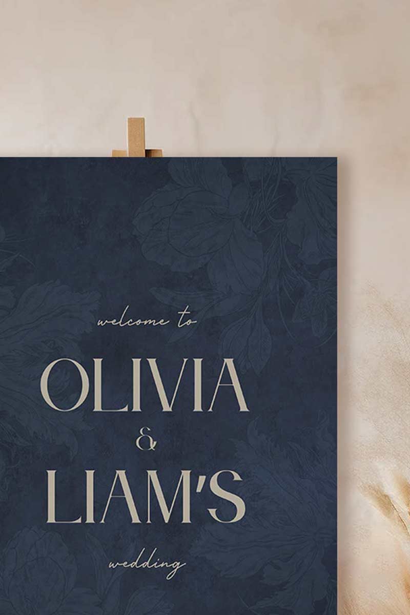 Wedding welcome sign in a minimalistic style. Event signage. In a navy blue texture wash. Stationery for various event celebrations. Wedding, engagement stationery. Personalize and customize in Canva. Print at any local printer around the World. rust red, copper red, berry red, cranberry red. Textured florals. Velvet texture