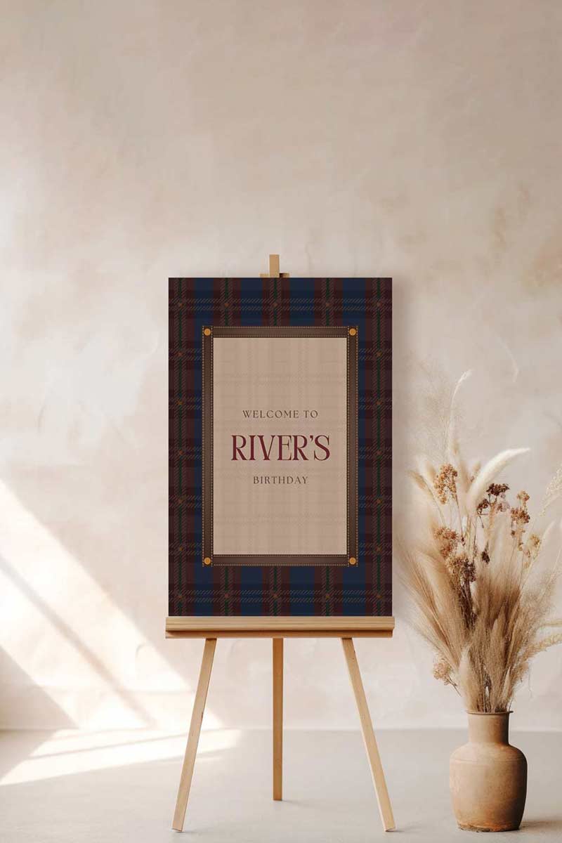 Ralph Lauren Plain birthday welcome sign in a minimalistic style. Event signage. In a blue, brown & red plaid design. Stationery for various event celebrations. Wedding, engagement stationery. Personalize and customize in Canva. Print at any local printer around the World. rust red, copper red, berry red, cranberry red.