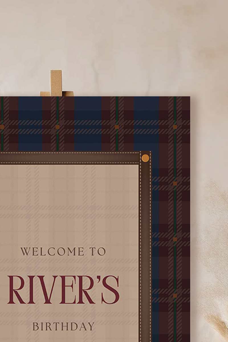 Ralph Lauren Plain birthday welcome sign in a minimalistic style. Event signage. In a blue, brown & red plaid design. Stationery for various event celebrations. Wedding, engagement stationery. Personalize and customize in Canva. Print at any local printer around the World. rust red, copper red, berry red, cranberry red.