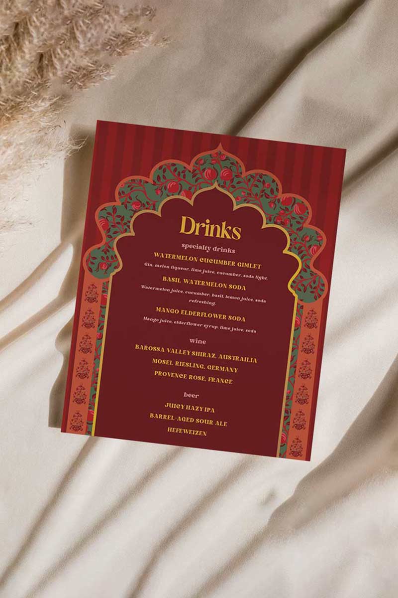 Arched Wedding Drink Menu with yellow & orange marigold florals and Pomegranates. 8" x 10" Indian Wedding event signage for Sangeet, Haldi, Maiyan or Jago. Wedding Signage. Personalize and customize in Canva. Digital Download.  Print around the world at a local print shop.