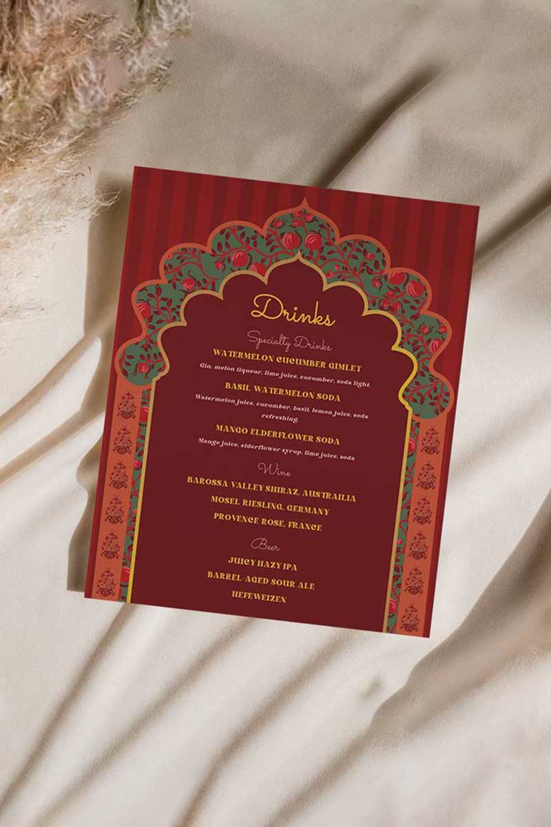 Arched Wedding Drink Menu with yellow & orange marigold florals and Pomegranates. 8" x 10" Indian Wedding event signage for Sangeet, Haldi, Maiyan or Jago. Wedding Signage. Personalize and customize in Canva. Digital Download.  Print around the world at a local print shop.