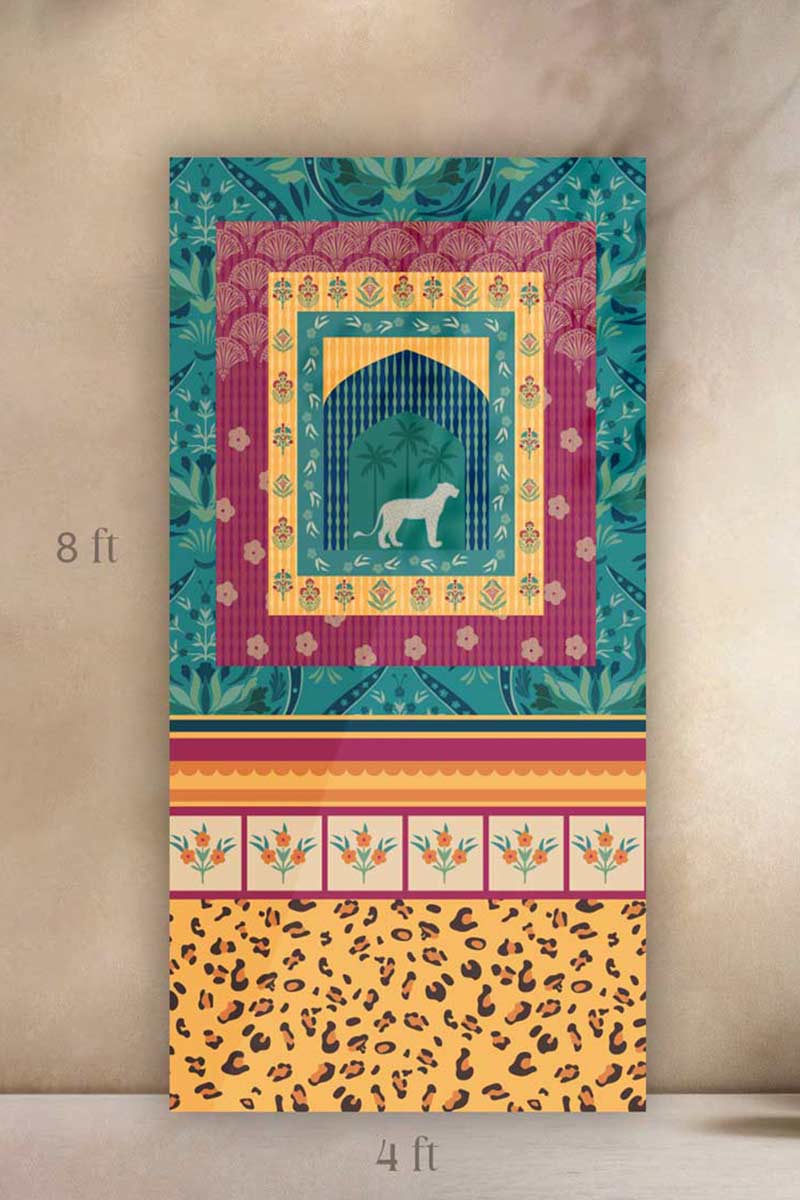 Indian Maximalist Cheetah Print Digital Backdrop. Vibrant teal, hot pink, orange, and yellow download for event main stage or photo booth. Available in 4x8, 8x8, 8x12 sizes. Digital Event Backdrop Download File. Maximalist Indian Cheetah Print Wall Banner.