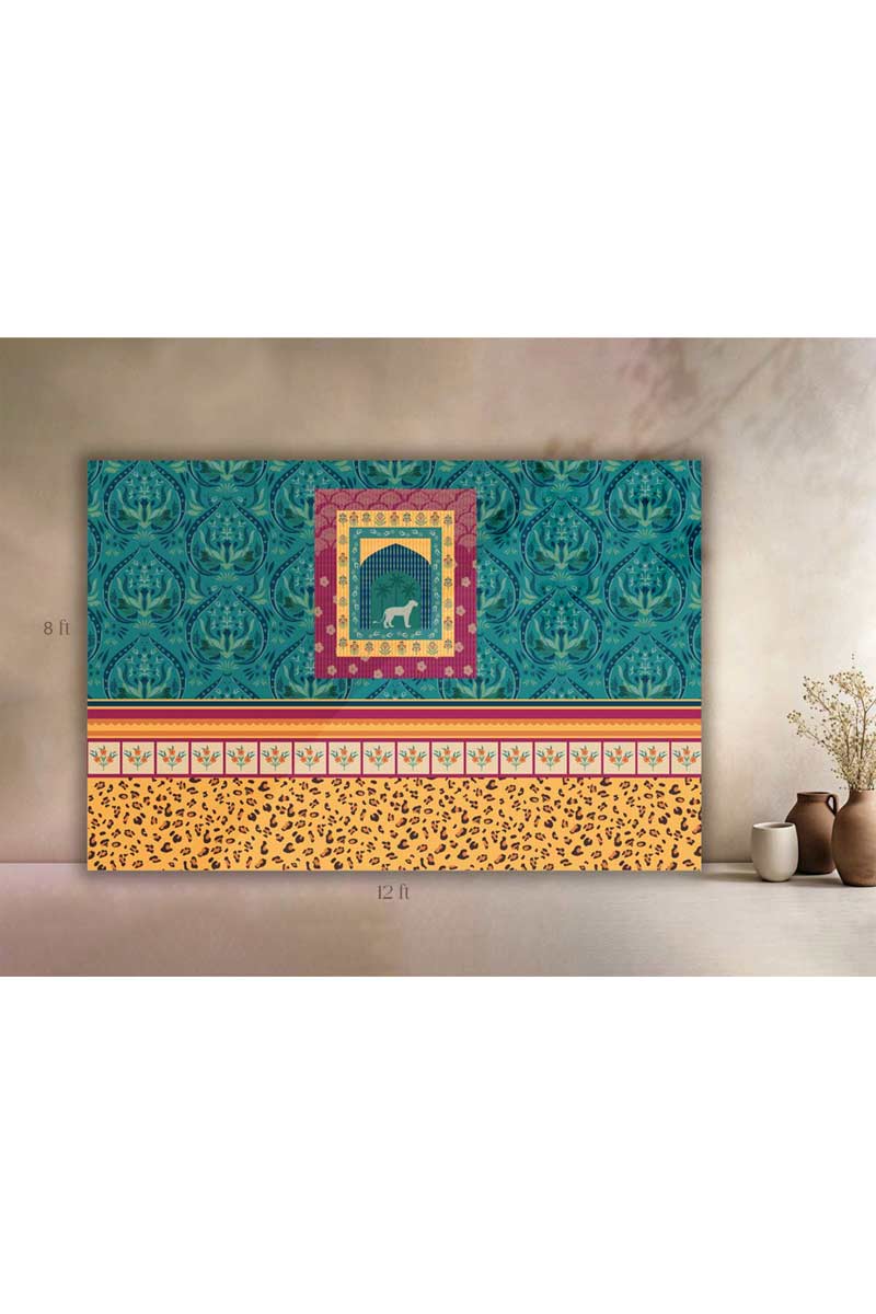 Indian Maximalist Cheetah Print Digital Backdrop. Vibrant teal, hot pink, orange, and yellow download for event main stage or photo booth. Available in 4x8, 8x8, 8x12 sizes. Digital Event Backdrop Download File. Maximalist Indian Cheetah Print Wall Banner.